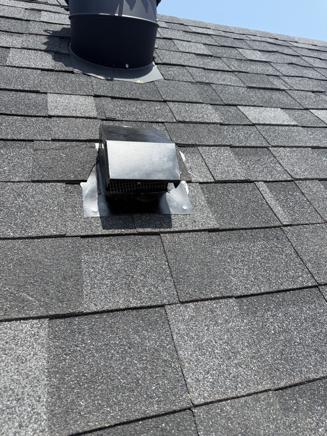 New screened dryer vent cap installed on an asphalt shingle roof